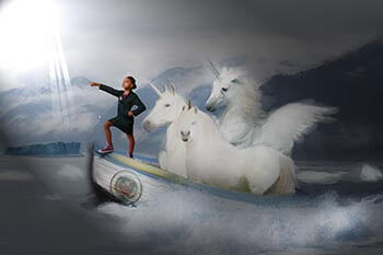 Ms. O on a boat with unicorns background